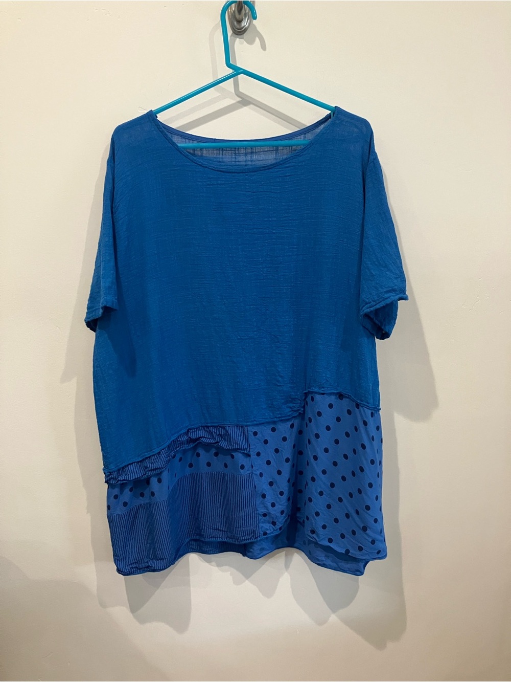 Women's Cotton Lagenlook Blue Mixed-Panel Short Sleeve Tunic